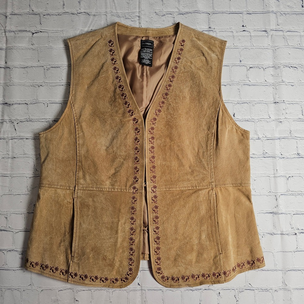 Vintage Outbrook Camel Leather Embroidered Floral Vest Tan Womens‎ XL